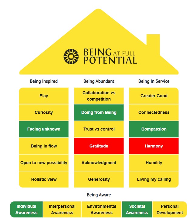 Figure 1 — AKQA Italy Team Human Potential House showing highlighted dimensions of Harmony, Gratitude and Trust vs Control