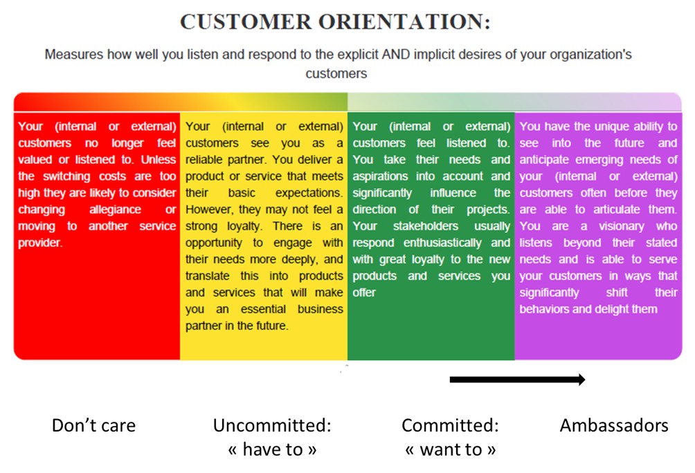 Figure 2 — Team expression on Customer Orientation, showing the progression from Don't Care through Uncommitted and Committed to Ambassadors
